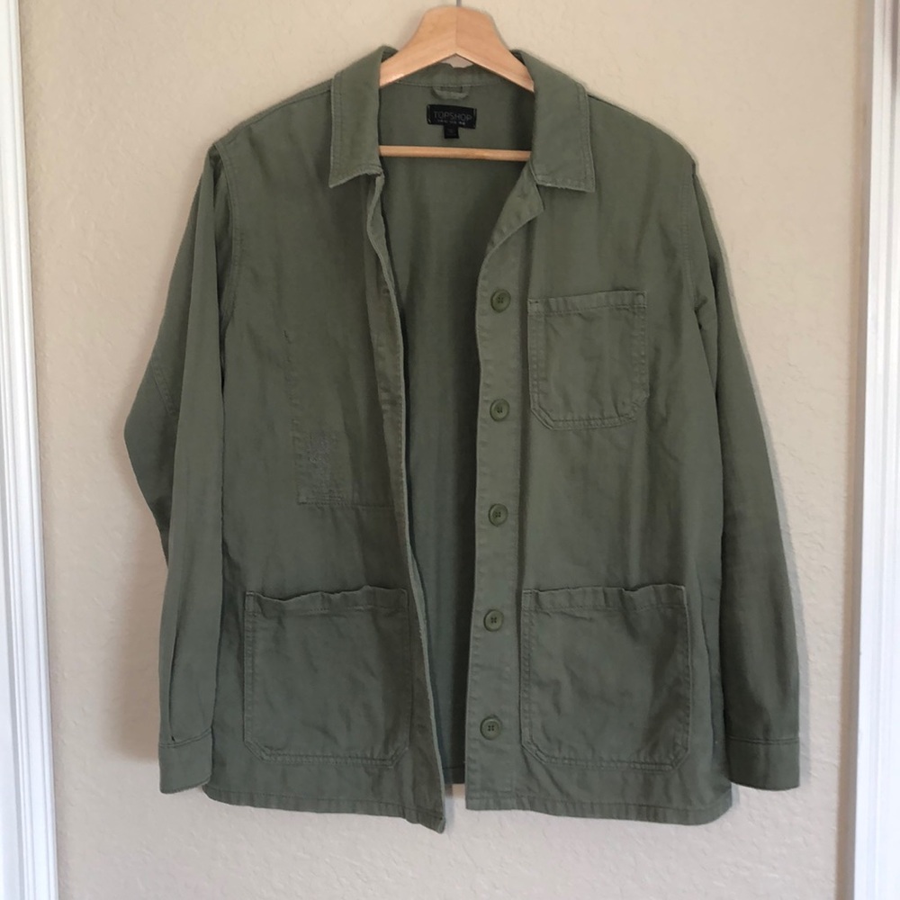 Topshop Oversized distressed military green jacket